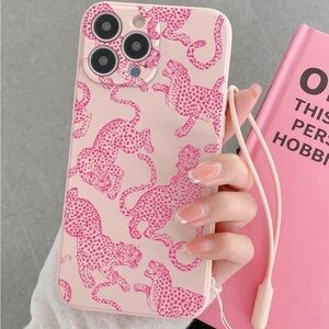 Pink 1pc Fashionable Leopard Print Phone Case With Straight Edge Design
